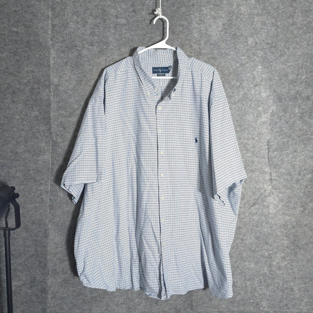 Ralph Lauren Button Down Mens 5XB Blue White Plaid Short Sleeve Classic Fit Pony